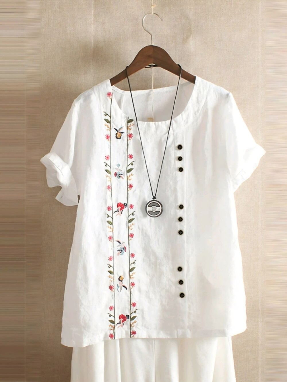 KOMILI White Embroidered Cotton Blouse 2XL Boho Cottagecore Floral Linen Look